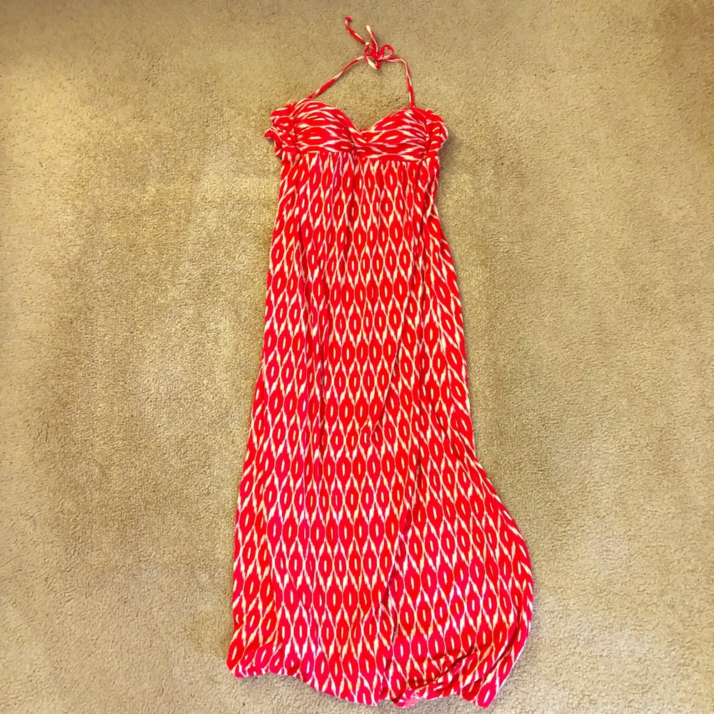 Red and ivory pattern maxi dress with straps